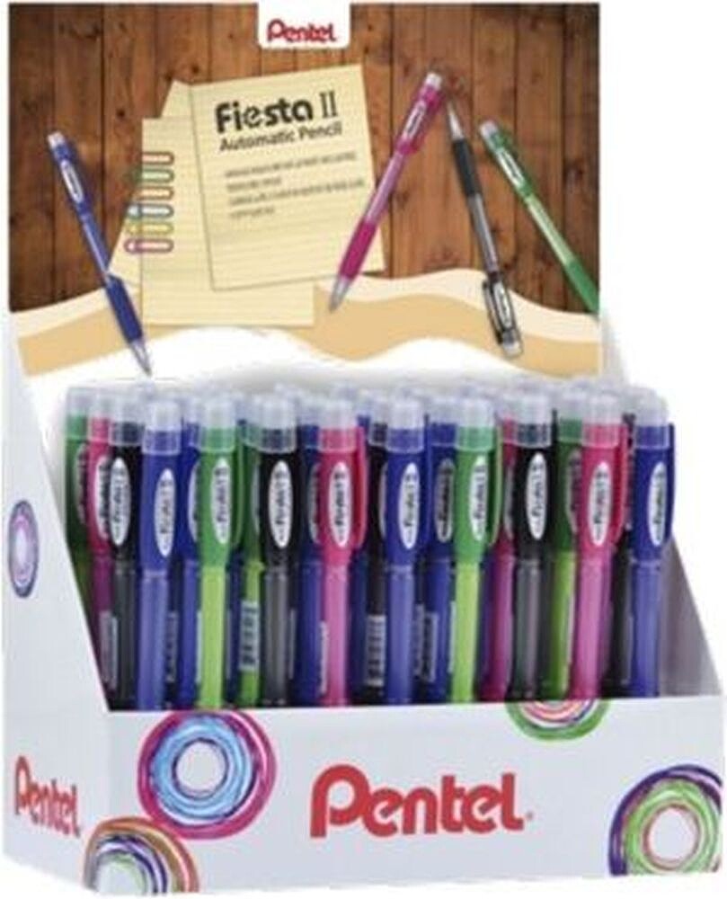Pentel Fiesta II Expositor de 36 Portaminas HB 0.7mm com Borracha - Inclui 2 Recargas - Empunhadura de Borracha - Design Ergonómico - Cores Sortidas AX127/36