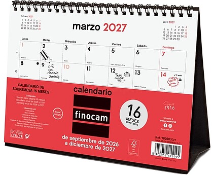 Finocam Neutro Calendário de Secretária - 16 Meses - Vista Mensal - Formato S - 210x150mm - Espiral Dupla Metálica - Papel de 120g/m2 - Listagem de Feriados - Cor Vermelho/Branco 782000027