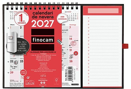 Finocam Neutro Calendário com Íman em Catalão - Anual 2027 - Vista Mensal - Formato XS - 140x150mm - Base 220x160mm - Espiral Dupla - Papel de 120g/m2 - Espaço para Escrever - Cor Vermelho e Branco 781360027