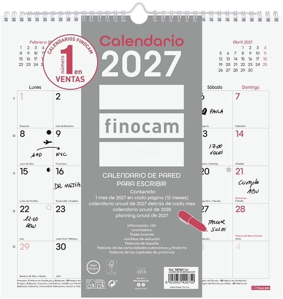 Finocam Chic Calendário de Parede - Anual 2027 - Vista Mensal - 300x300mm - Espiral Dupla - Papel de 120g/m2 - Espaço para Escrever - Cor Branca 787007327