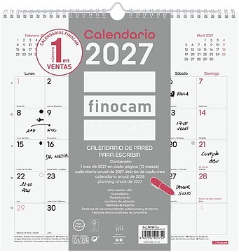 Finocam Chic Calendário de Parede - Anual 2027 - Vista Mensal - 300x300mm - Espiral Dupla - Papel de 120g/m2 - Espaço para Escrever - Cor Branca 787007327