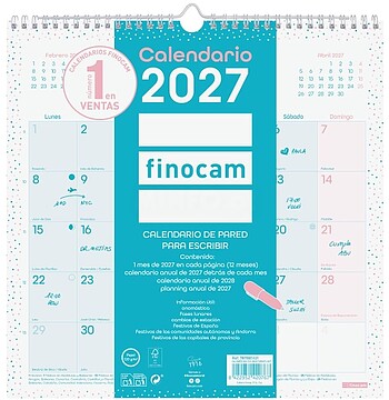 Finocam Chic Calendário de Parede - Anual 2027 - Vista Mensal - 300x300mm - Espiral Dupla - Papel de 120g/m2 - Espaço para Escrever - Cor Turquesa 787005827