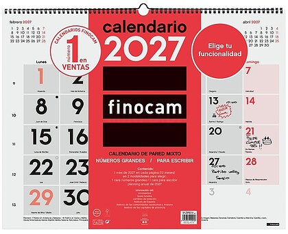 Finocam Calendário de Parede Neutro - Anual 2027 - Vista Mensal - Formato XL - 540x420mm - Espiral Dupla - Papel de 135g/m2 - Espaço para Escrever - Números Grandes - Cor Vermelho e Branco 780020027