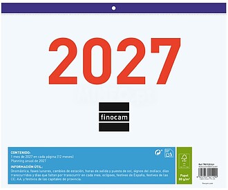 Calendário Finocam Faldilha - Anual 2027 - Vista Mensal - F...