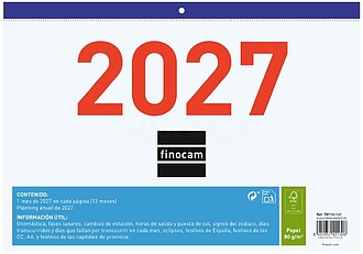 Finocam Calendário Faldilha - Anual 2027 - Vista Mensal - F...