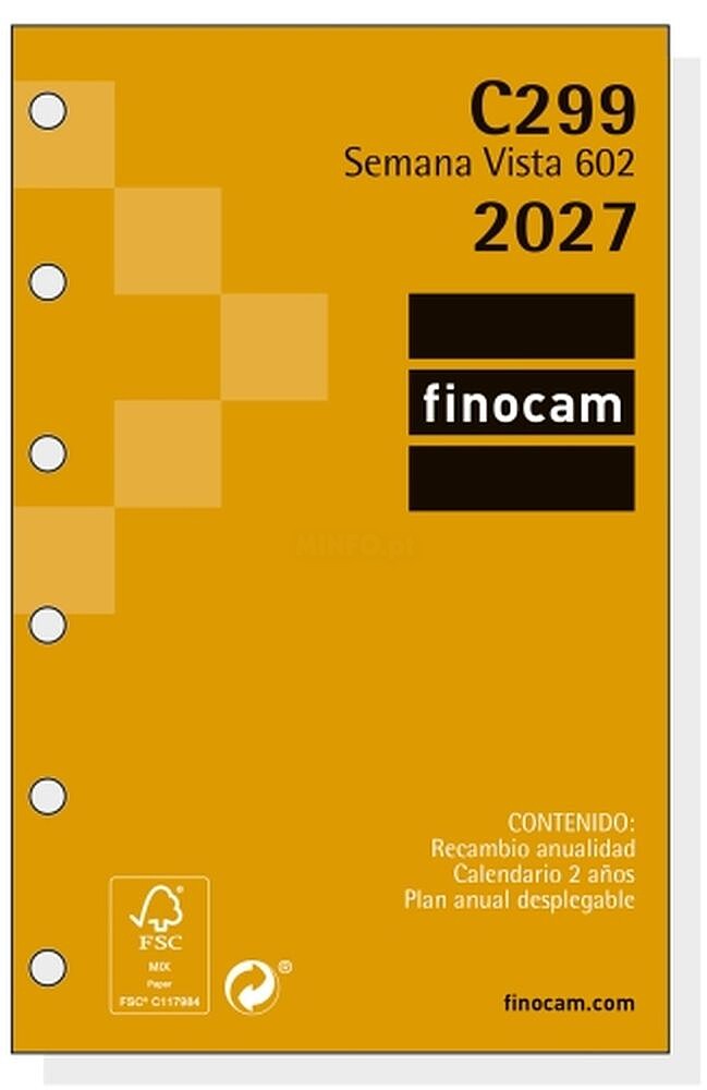 Finocam C299 Recarga para Agenda Classic - Anual 2027 - Semana Vista Horizontal - Formato 602 - 73x114mm - 6 Furos - Papel de 80g/m2 - Cantos Microperfurados - Cor Branco 201240027