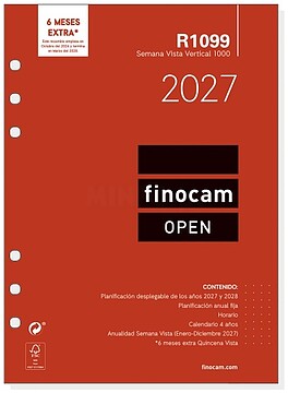 Finocam R1099 Recarga para Agenda Open - Anual 2027 - Semana Vista Vertical - Formato 1000 - 155x215mm - 6 Furos - Papel de 80g/m2 - Cor Branco 711520027