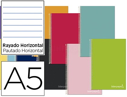 BJ56 : CADERNO ESPIRAL LIDERPAPEL A5 MICRO JOLLY CAPA FORRADA 140F 75 GR PAUTADO 5 BANDAS 6 FUROS CORES SORTIDAS