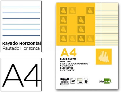 BLOCO DE NOTAS LIDERPAPEL COLADO DIN A4 50 F PAUTADO AMARELO : Venda Multiplos 10