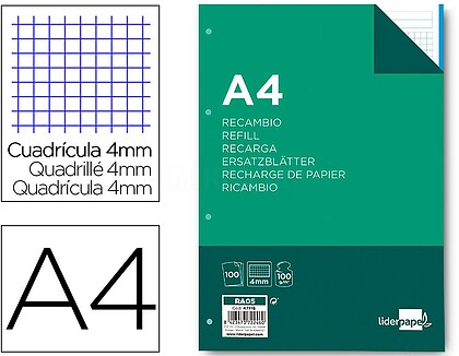 RA05 : RECARGA LIDERPAPEL A4 100 FOLHAS 100G/M2 QUADRICULA 4MM COM MARGEM 4 FUROS