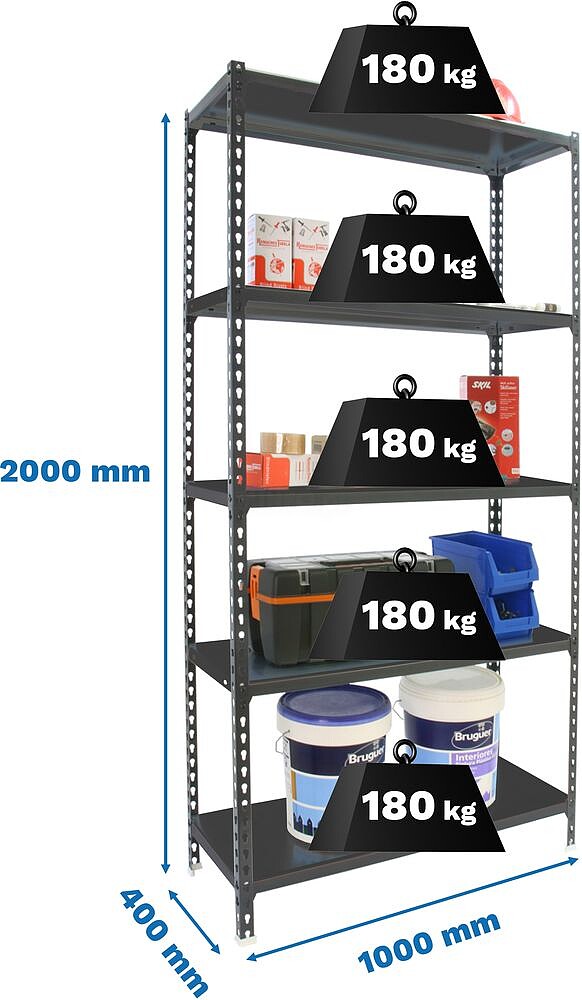 Prateleiras metálicas, 2000x1000x400 mm, 5 alturas, bandeja metálica, ponto flexível de 180 kg