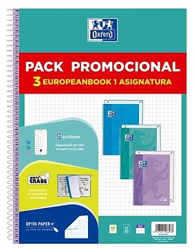 Oxford Europeanbook 1 Pack de 3 Cadernos Espiral Formato A4+ Quadriculado 5x5mm - 80 Folhas 90gr - Capa Dura Tacto Suave - Recorte de Cor - Cores Pastel Sortidas 400195027