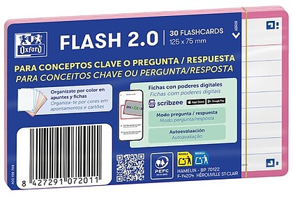 400198709 Oxford Pack de 30 FlashCards 2.0 - Formato A7 - Risca Horizontal 1 Linha - Cartolina de 250g - Digitalização de Textos com App - Cor Rosa