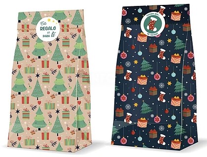 Bismark Pack de 3 Sacos Papel Kraft 60grs com 3 Autocolantes para Fecho - Medidas 20x42x8cm - Ideal para Presentes - 2 Desenhos Natalícios Aleatórios BI332845