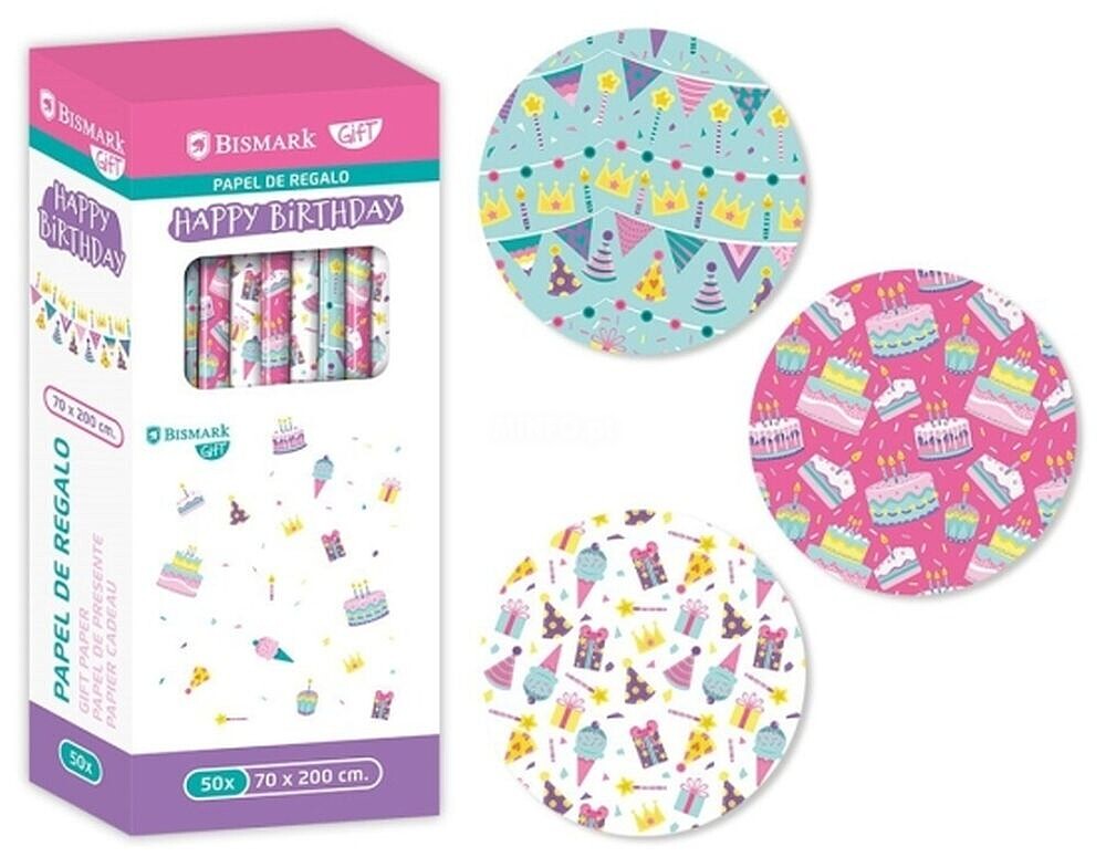 Bismark Feliz Aniversário Rolo de Papel de Presente - Medidas 70cmx200cm - 3 Desenhos Diferentes BI332999