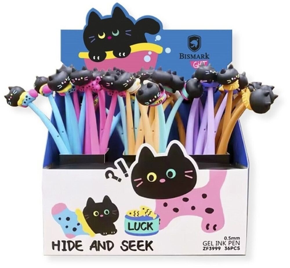 Bismark Animals Caneta Tátil Suave com Divertidos Gatinhos Pretos - Ponta Fina - Tinta Gel Cor Preta - 6 Designs Diferentes BI333772