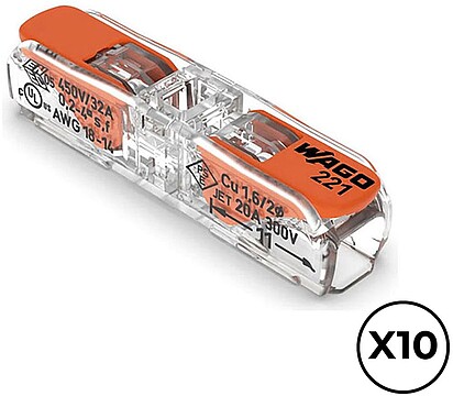 G-E63136 : E63136 CONECTOR RÁPIDO EM LINHA COM ALA VANTA 2 CONDUTORES, Ø MÁXIMO 4 mm², 450 V, 32 A; TRANSPARENTE; 8,1 x 35,5 x 8,9 mm. CONTÉM 10 unidades