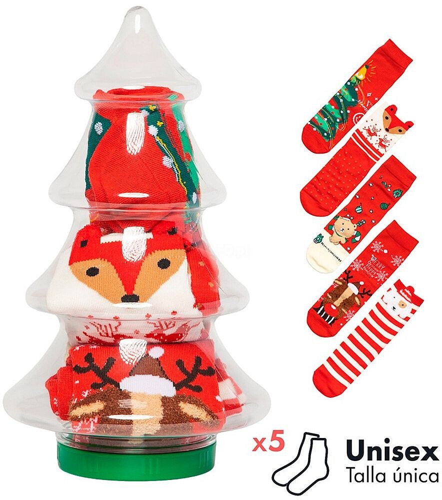 Caixa de presente com 5 pares de meias com estampa de árvore de natal, unissex, tamanho único G-68568