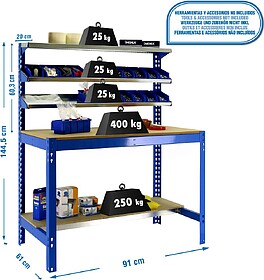 Bancada de Oficina, 910x610 mm, 3 prateleiras, capacidade de...