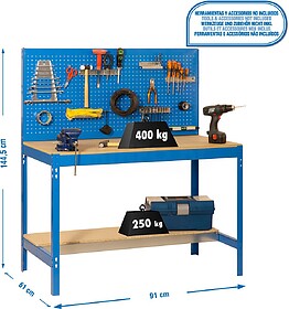 Bancada de Oficina, 910x610 mm, Painel Perfurado, Capacidade...
