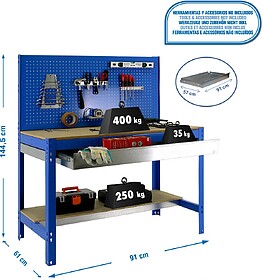 Bancada de Oficina, 910x610 mm, Painel e Gaveta Perfurados, ...