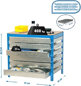 Bancada de Oficina com Gavetas, 910x610 mm, 6 gavetas, capac...