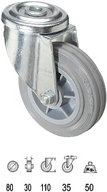 Roda Industrial Goma Gris Pasante 80mm
