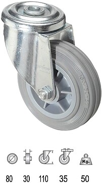 Roda Industrial Goma Gris Pasante 80mm