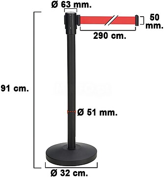 Poste Separador Cinta Extensível 3 Metros. Ø Base 32 cm. Ø Tubo 5,1 cm. Altura 91 cm