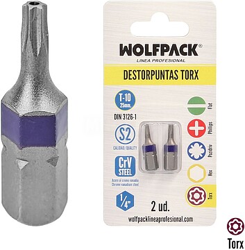 Ponta de Chave de Fenda Torx 10 Inviolável (2 Peças). Aço S2 ao Cromo-Vanádio. Pontas Hexagonais, Destorpuntas, Destorpuntas Torx T10 (2 Peças) Aço S2 ao Cromo-Vanádio