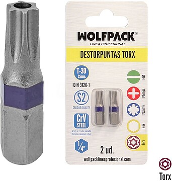 Ponta de Chave de Fenda Torx 30 (2 Peças). Aço S2 ao Crómio-Vanádio. Pontas Hexagonais, Pontas de Chave de Fenda, Pontas - Bits Torx T30 (2 Peças) Aço S2 ao Crómio-Vanádio