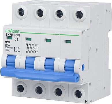 BX7B-63N-63A-3P+N -: Disjuntor - Corrente nominal 63A - 3+N pólos (instalações trifásicas) - Curva de tipo C - Para calha DIN - Em conformidade com a norma IEC/EN 60898-1