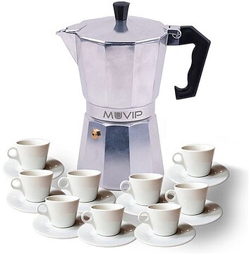 Cafeteira de Alumínio Muvip MV0602 - Capacidade 9 Tazas - Alça Ergonómica - Antiaderente - Adequada para Placas Elétricas, Vitrocerâmicas e Gás - Cor Alumínio