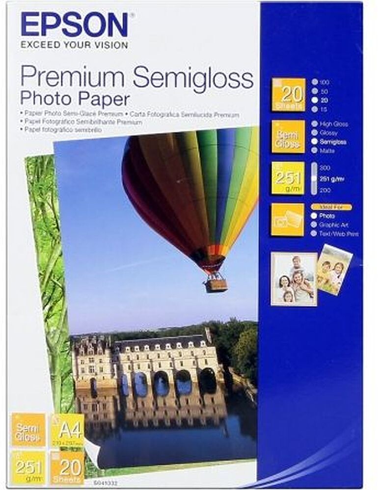 Papel Fotografico Epson A4 Premium Semigloss 251G M2 20 Hojas C13S041332