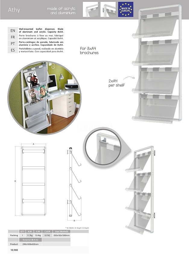 Porta Folhetos de Parede Aluminio Athy 8*A4