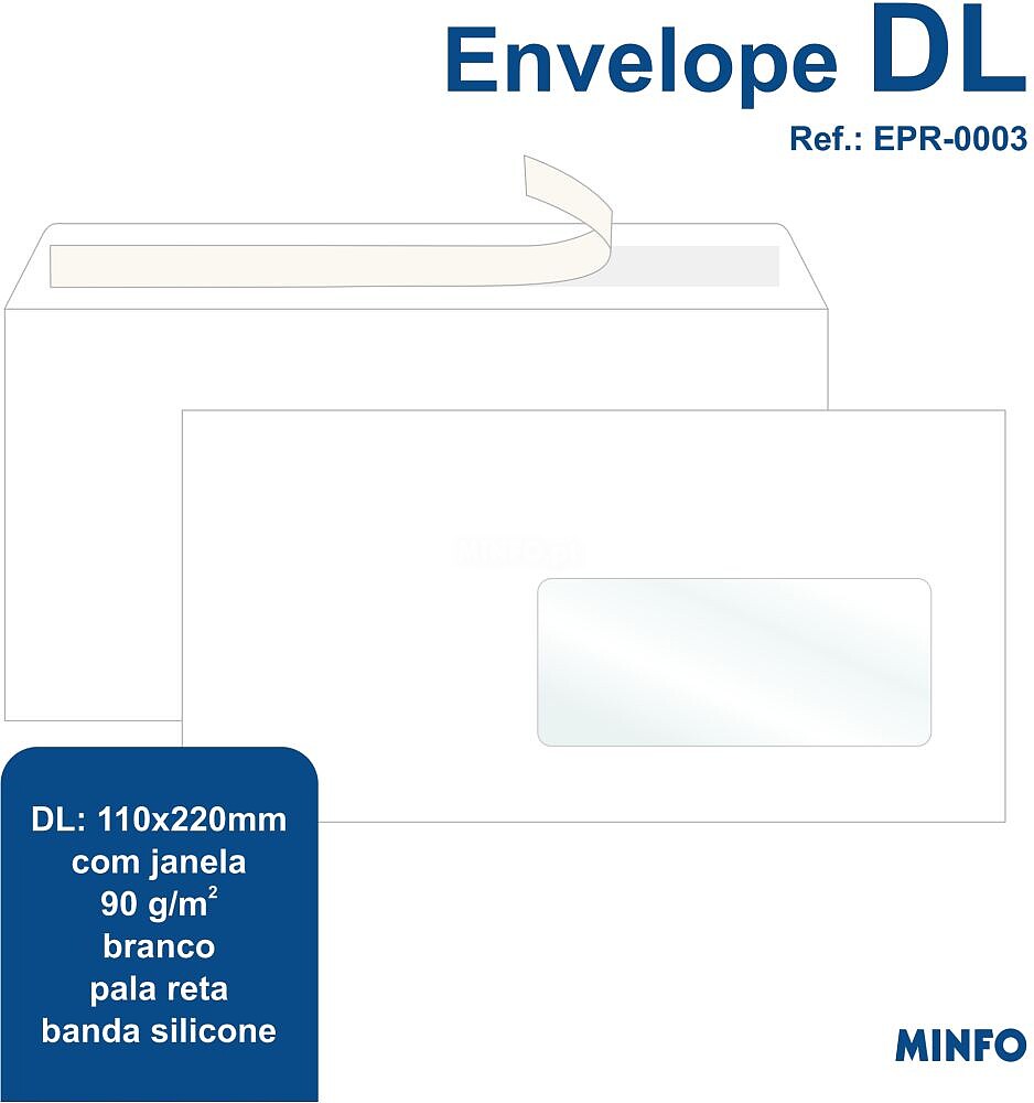 Envelope : DL 11x22 : Liso c/Janela : para Impressão Laser : 90gr : PALA RECTA c/FITA SILICONE (cx 500 )
