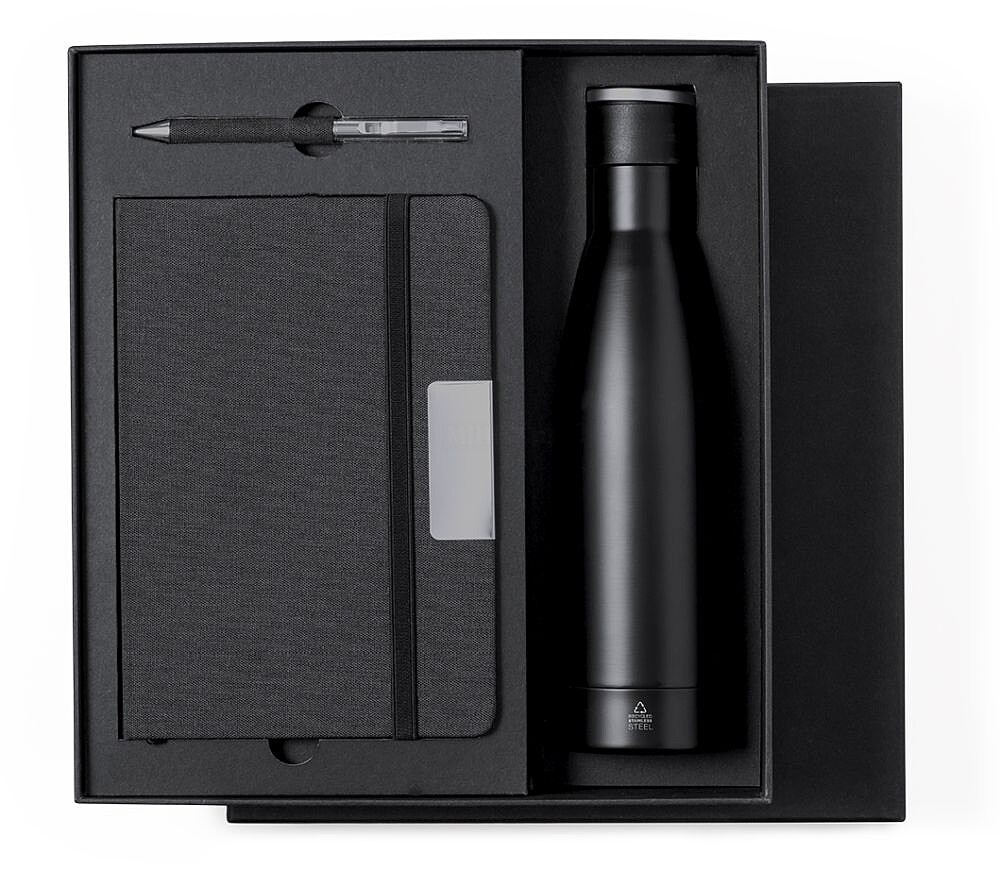 Set Datiford Garrafa Térmica Aço Inox Reciclado, 500 ml. Bloco Poliéster 300D RPET, Capa Rígida, 80 Folhas. Esferográfica Poliéster 300D RPET Incluída 21122